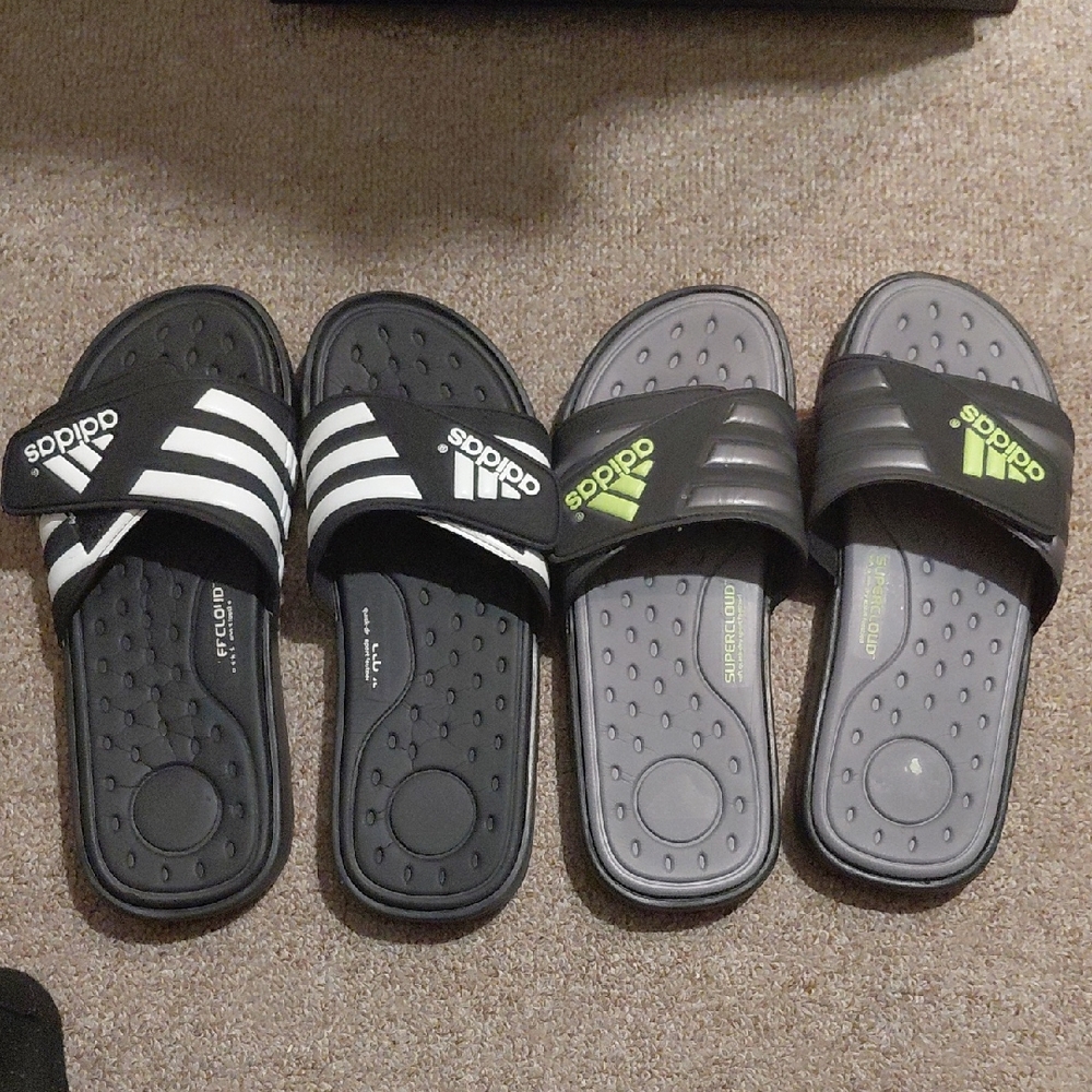 adidas Black and Gray Slippers with White and Neon Green Highlights